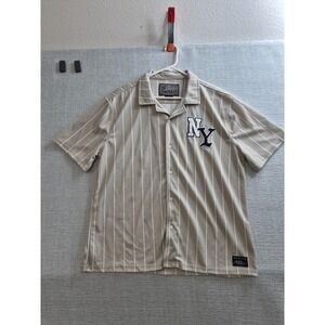 Brooklyn Cloth Shirt Mens Large Beige White Stripe Logo NY Baseball Button Up